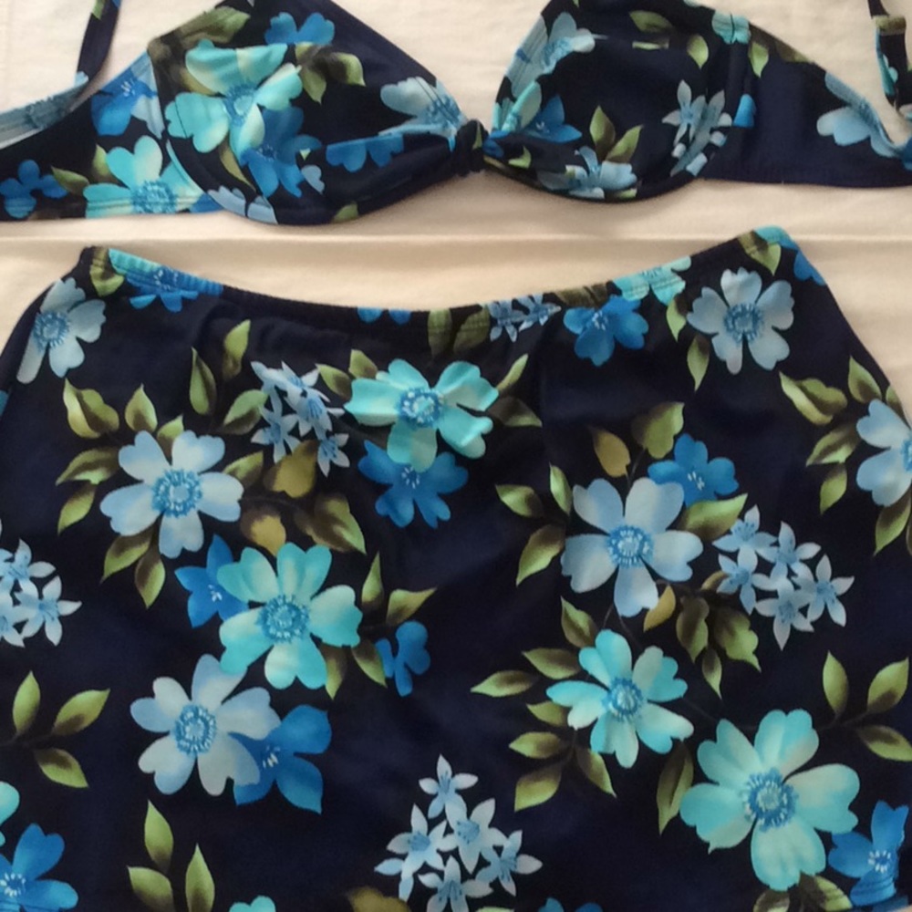 Lands' End Navy and Aqua Floral Swim Mini